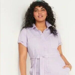 Short-Sleeve Cropped Tie-Belt Utility Non-Stretch Jean Jumpsuit - 4X